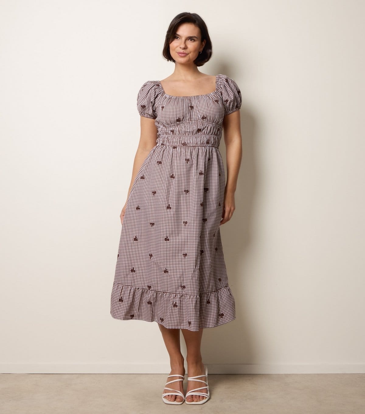 Blue Vanilla Brown Gingham Midi Dress with Puff Sleeves