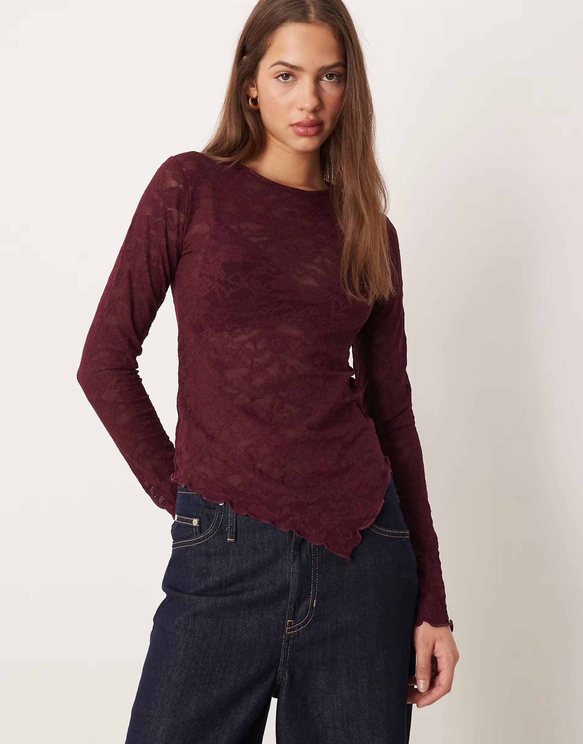 ASOS Gina Tricot lace asymmetric long sleeve top in burgundy red