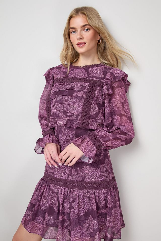Oasis Oasis Women's Printed Lace Trim Pleat Detail Mini Dress in Dusty Pink - 2