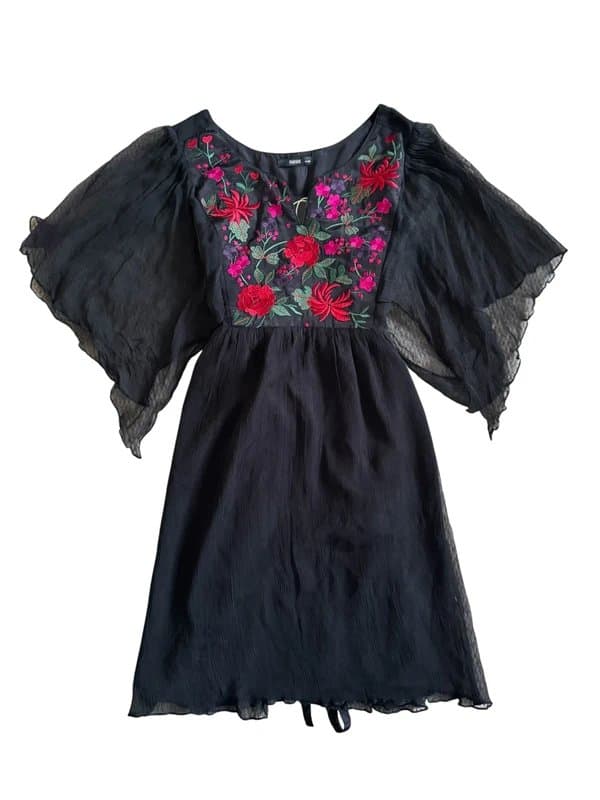 Oasis y2k black floral embroidered micro mesh floaty short sleeve mini dress