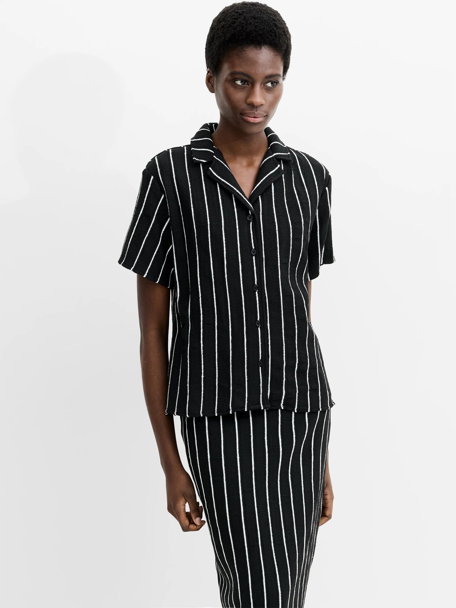 French Connection Black/White Striped Short Sleeve Shirt