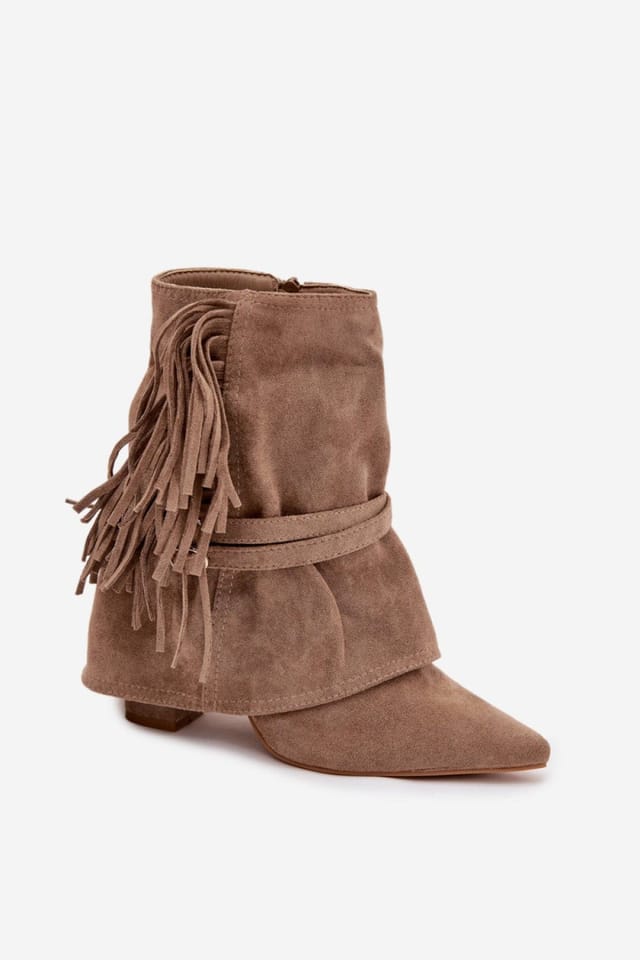 Love Lace Love Lace Women's Fringe Ankle Heel Boots Pointed Toe with Gold Buckle Straps Suede in Beige - 2