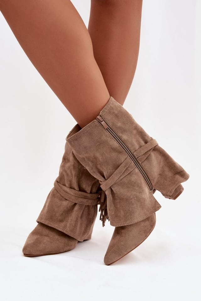 Love Lace Love Lace Women's Fringe Ankle Heel Boots Pointed Toe with Gold Buckle Straps Suede in Beige - 3