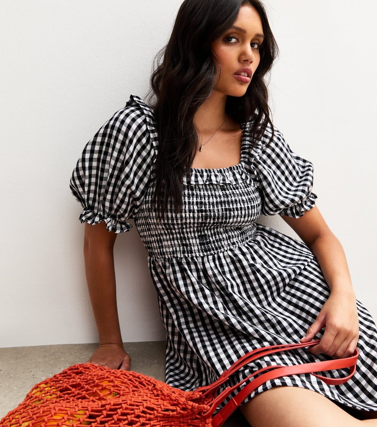 New Look Women's Black Gingham Check Shirred Mini Dress New Look