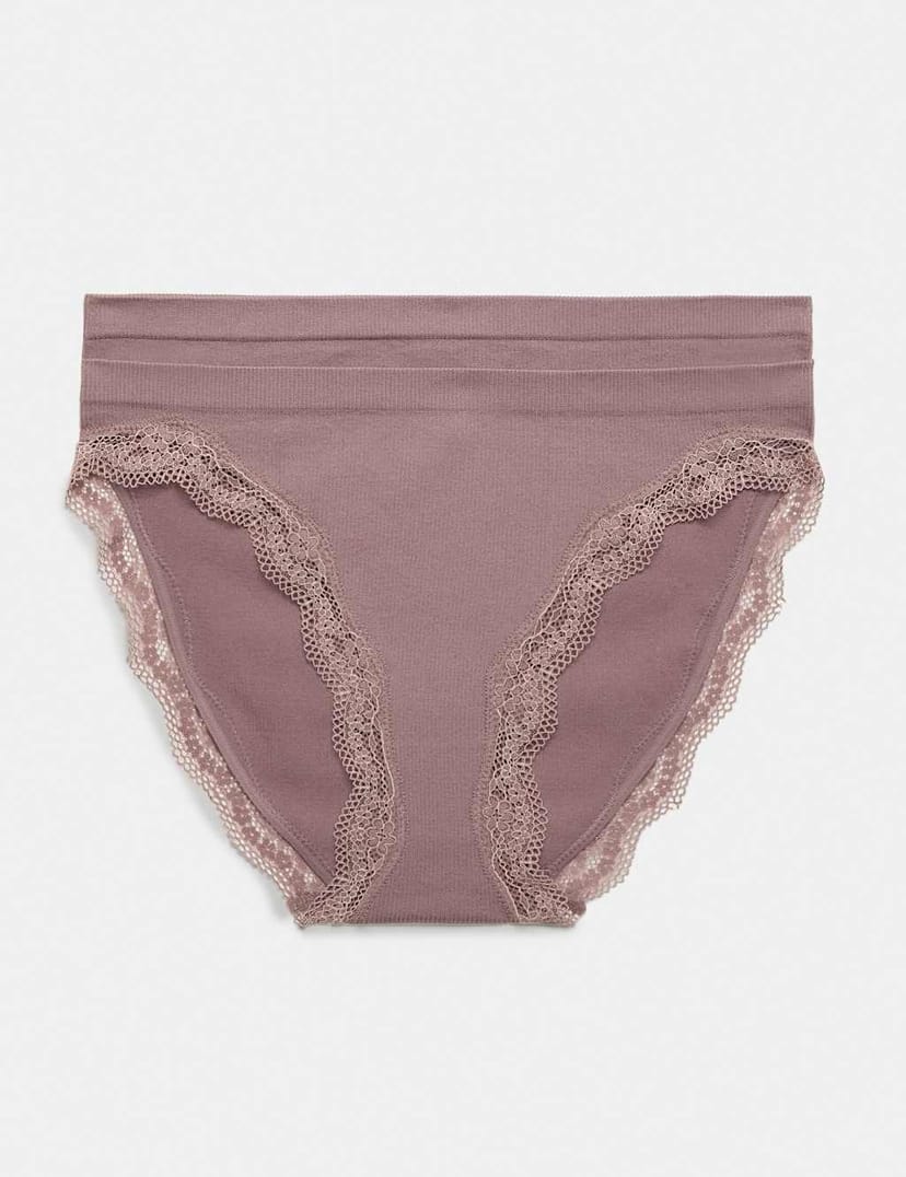 Marks & Spencer M&S 2 Pack Jasmine Lace Trim Seamless High Leg Knickers Praline - 1
