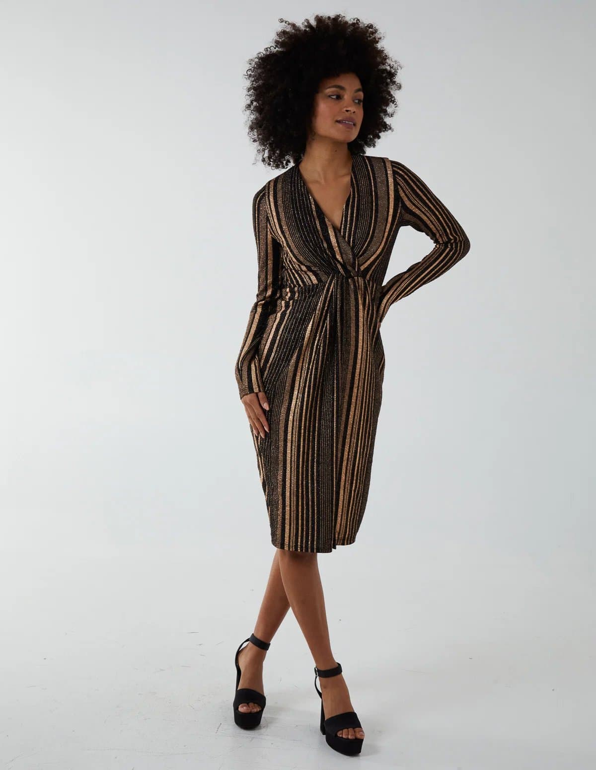 Blue Vanilla Foil Stripes Twist Front Midi Dress