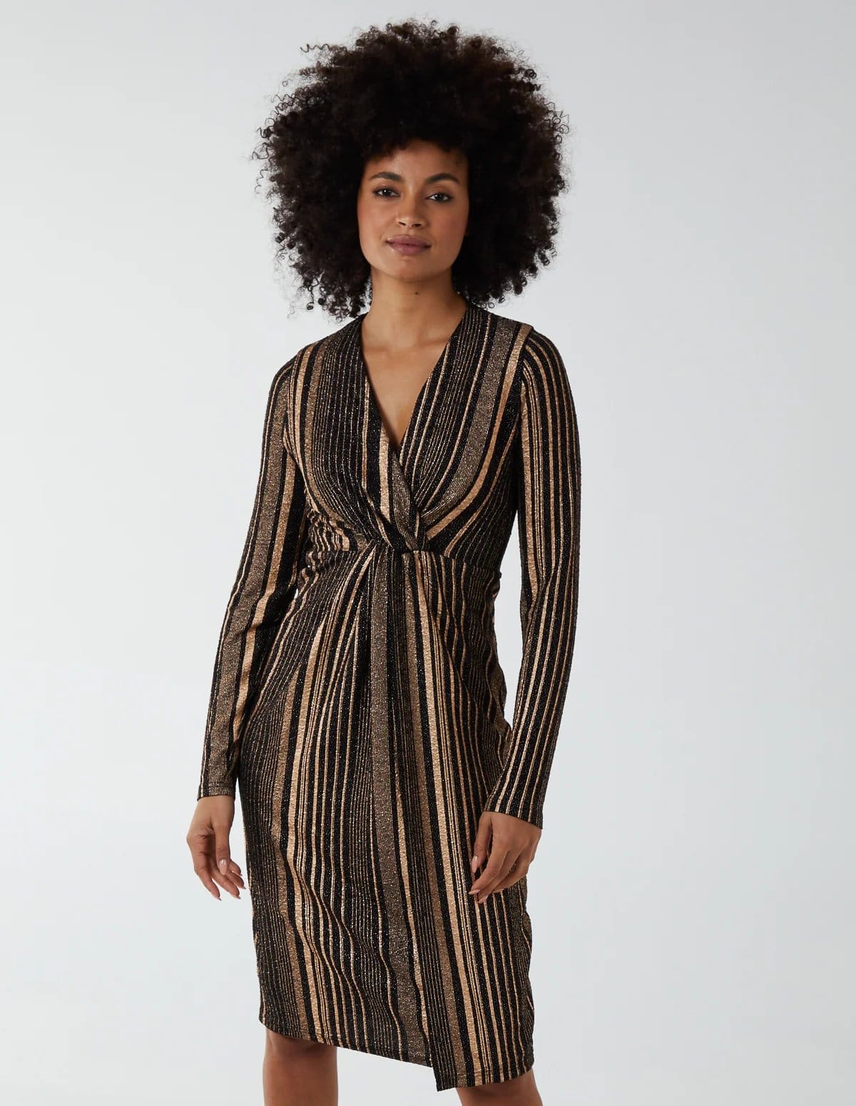 Blue Vanilla Foil Stripes Twist Front Midi Dress - 4