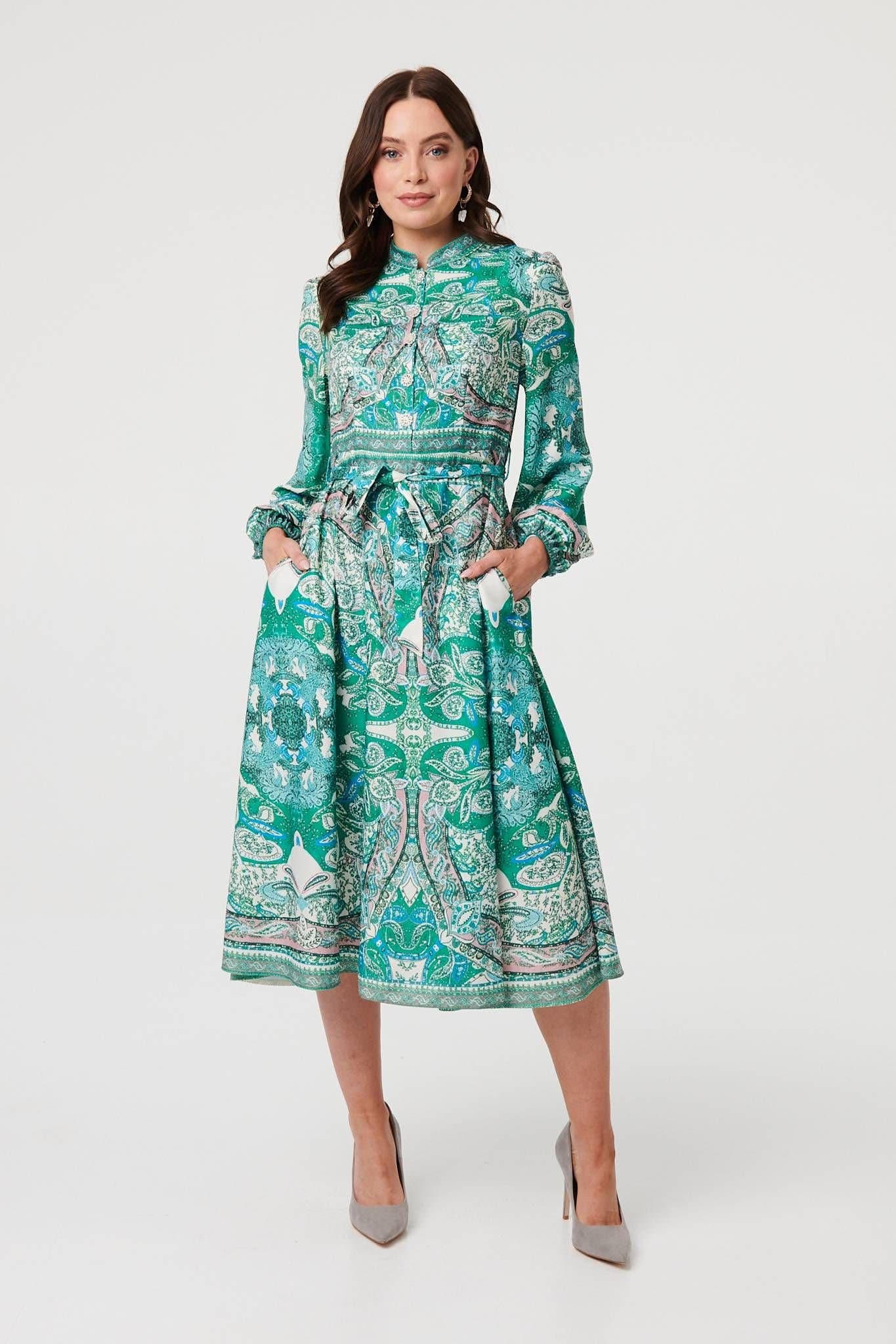 Izabel London Izabel London Women's Printed Long Sleeve Tie Midi Dress in Green