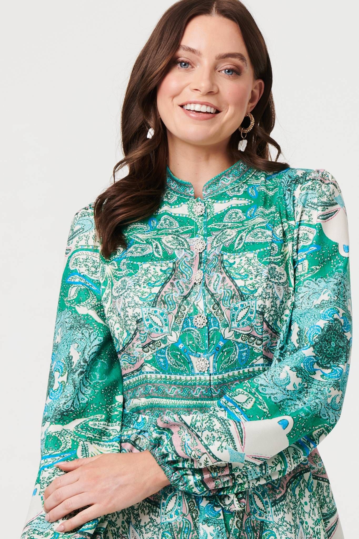 Izabel London Izabel London Women's Printed Long Sleeve Tie Midi Dress in Green - 2