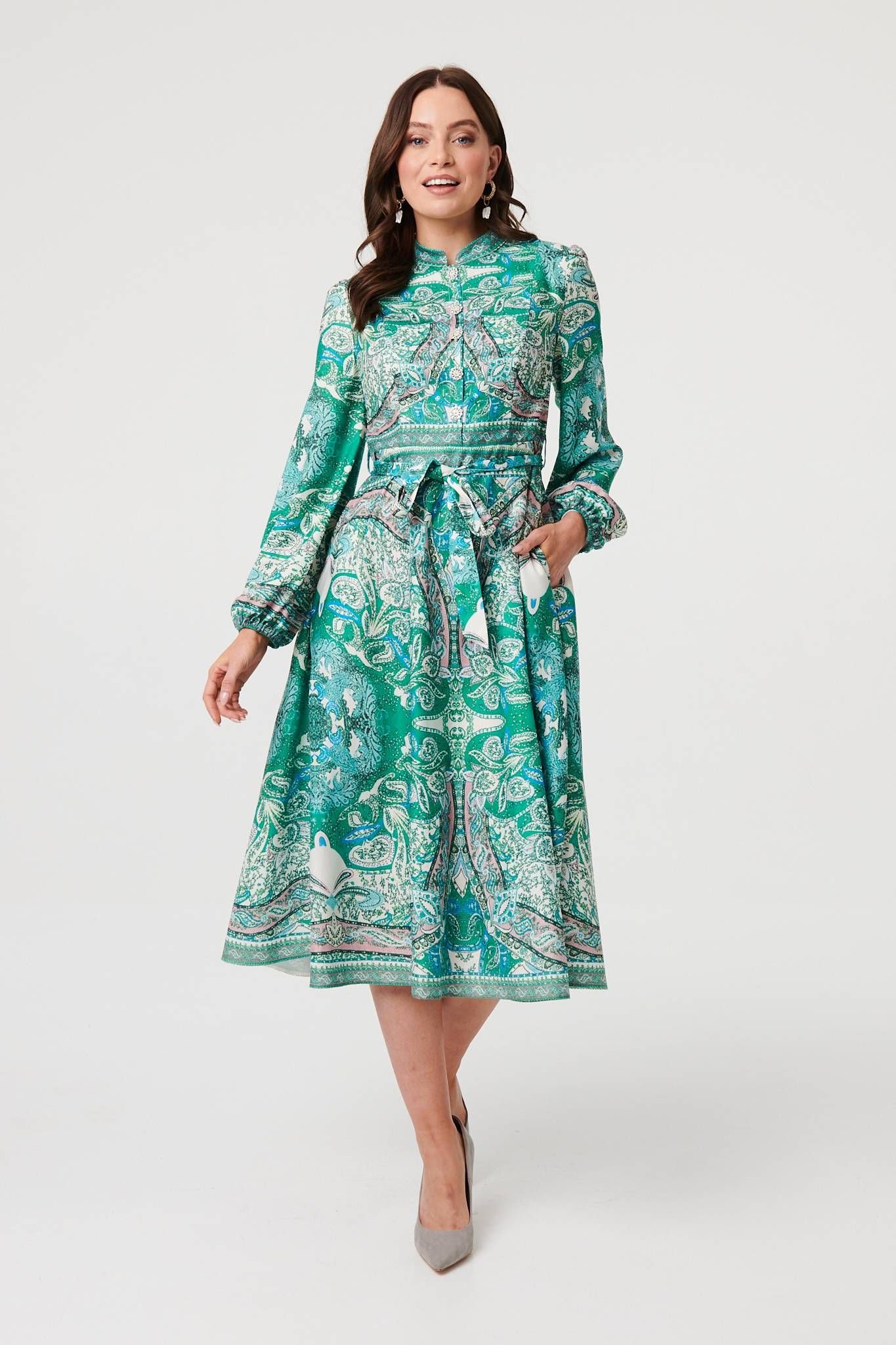 Izabel London Izabel London Women's Printed Long Sleeve Tie Midi Dress in Green - 4
