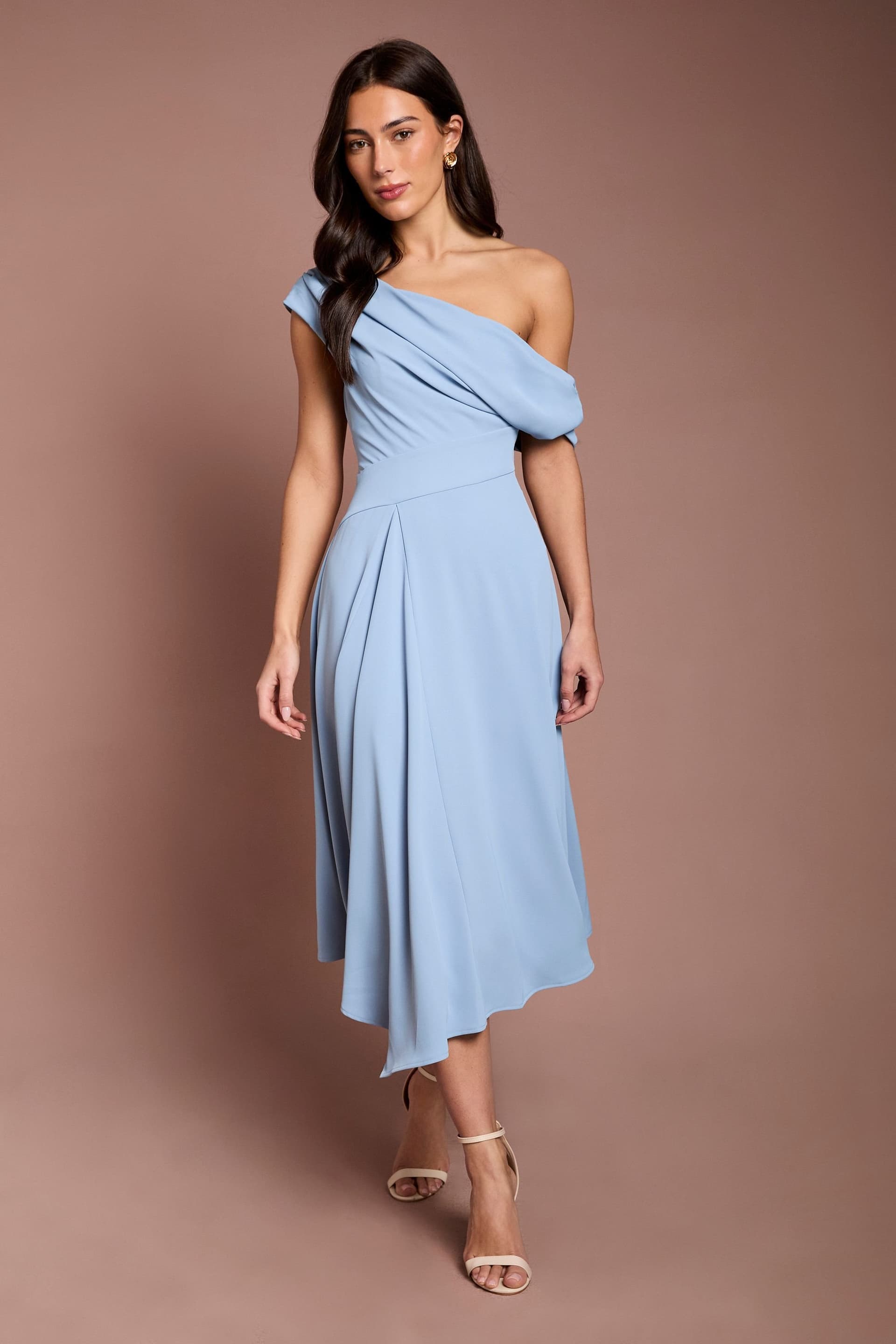 Coast Coast Women's Off The Shoulder Asymmetric Lightweight Crepe Midi Dress in Cornflower Blue