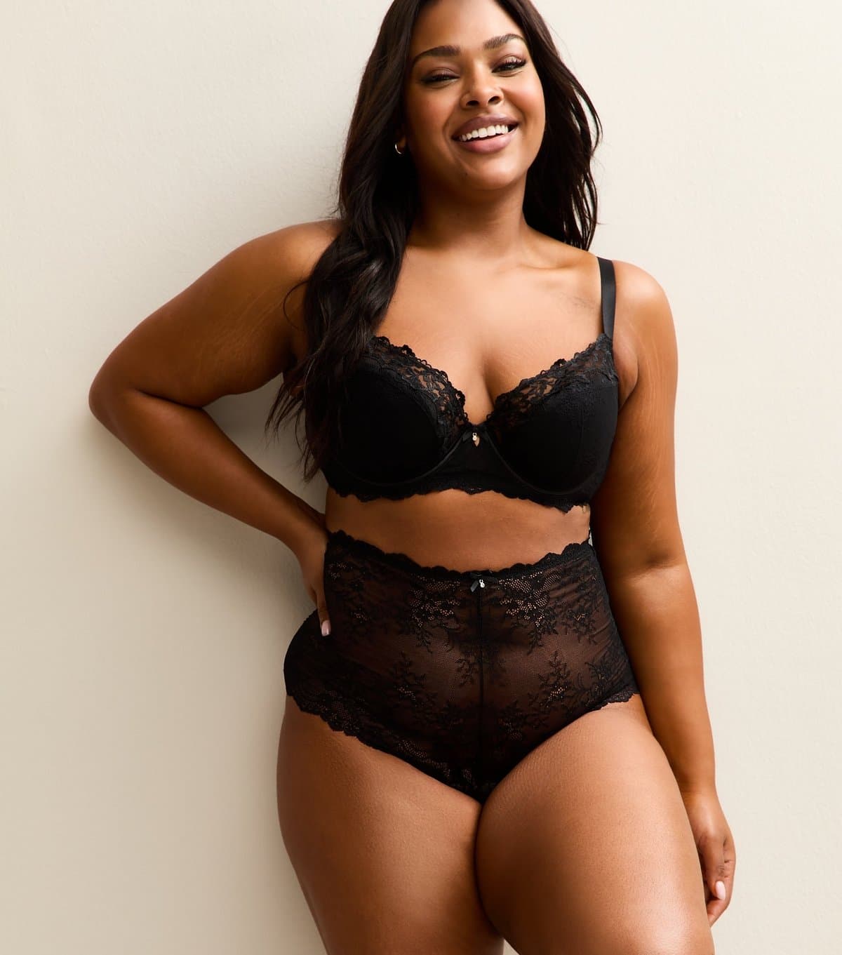 New Look Women's Plus Size Black Lace High Waist Thong Curves New Look