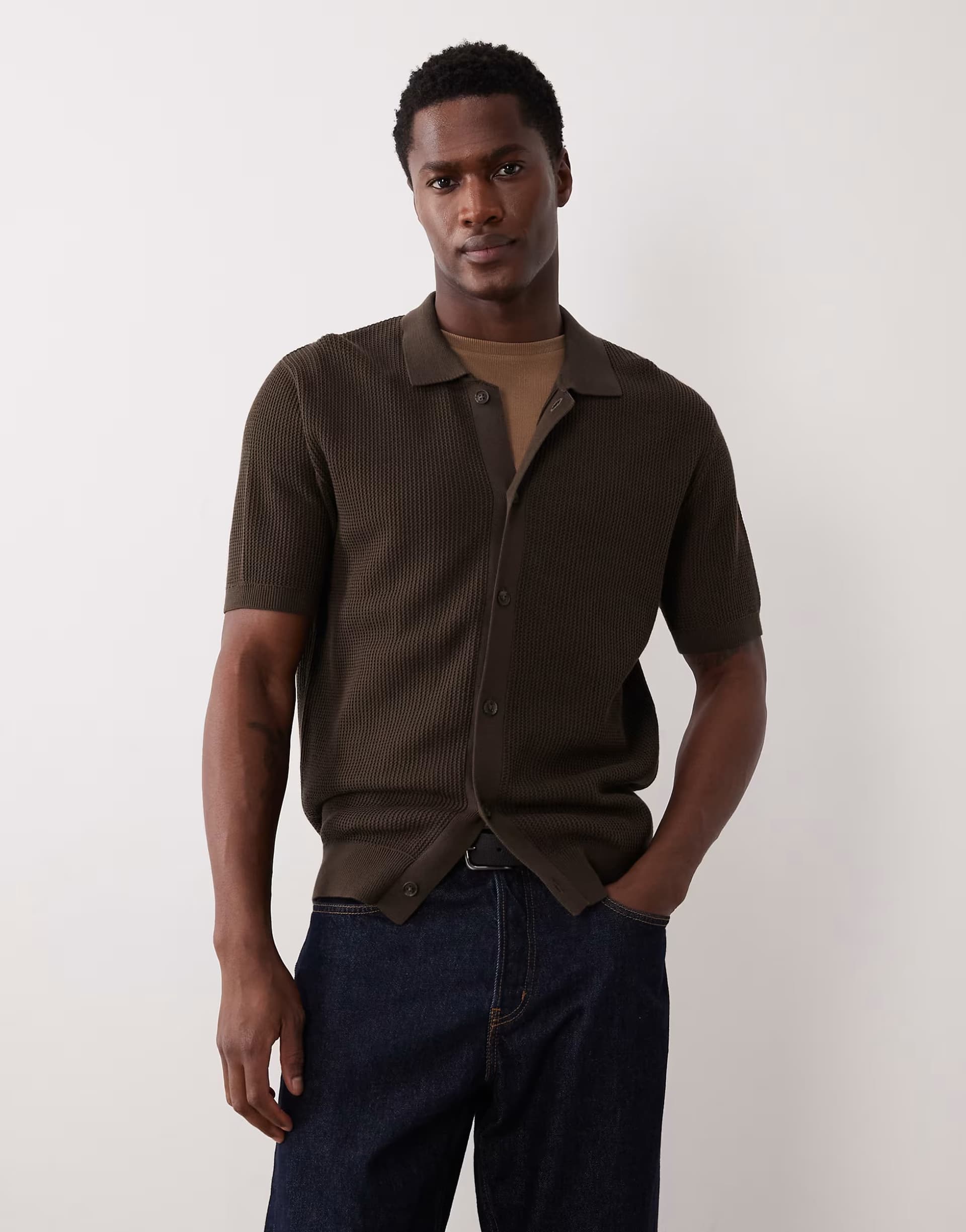 ASOS Mango 100% cotton waffle knit button down cardigan in brown