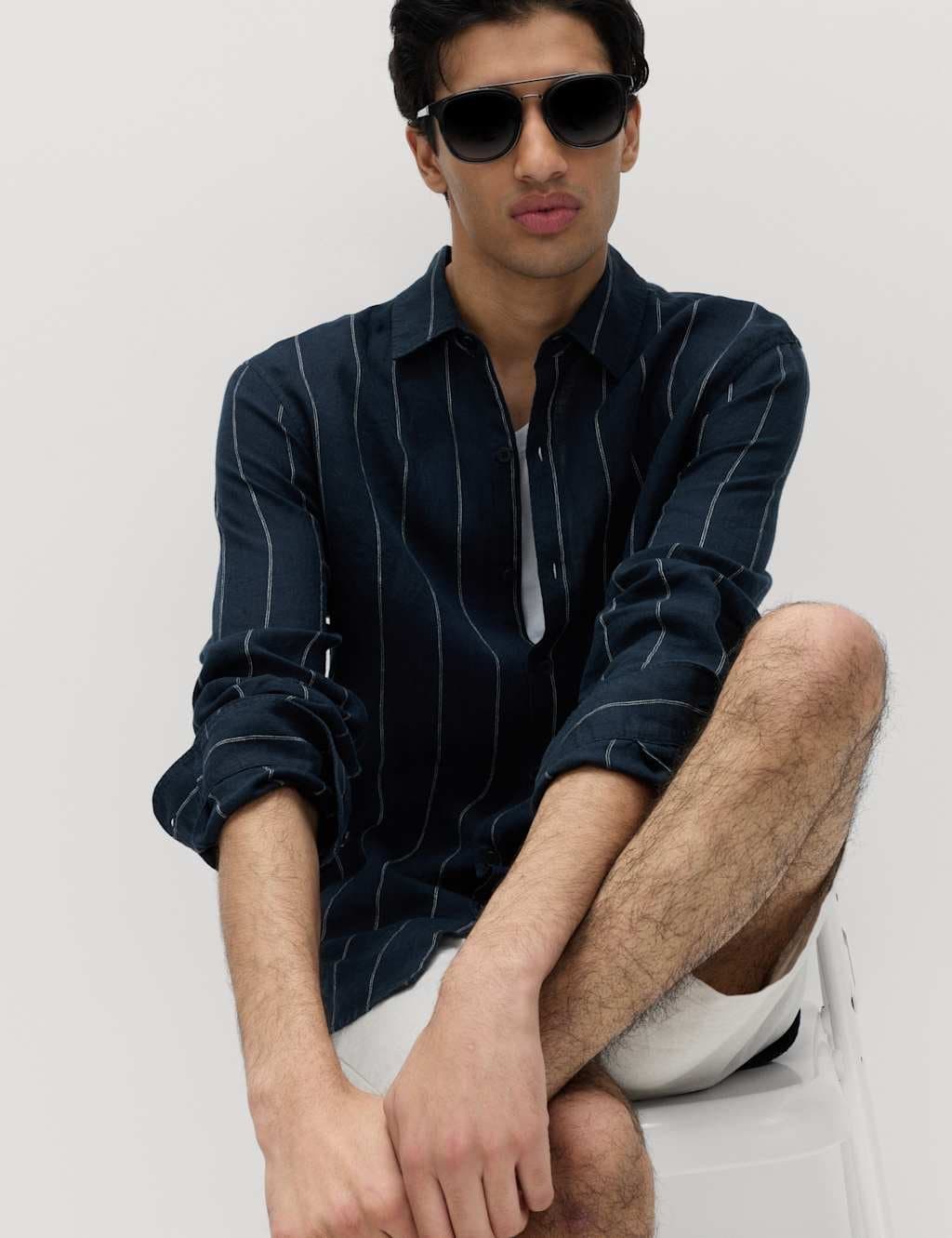 Marks & Spencer M&S Regular Fit Pure Linen Striped Shirt Blue Mix