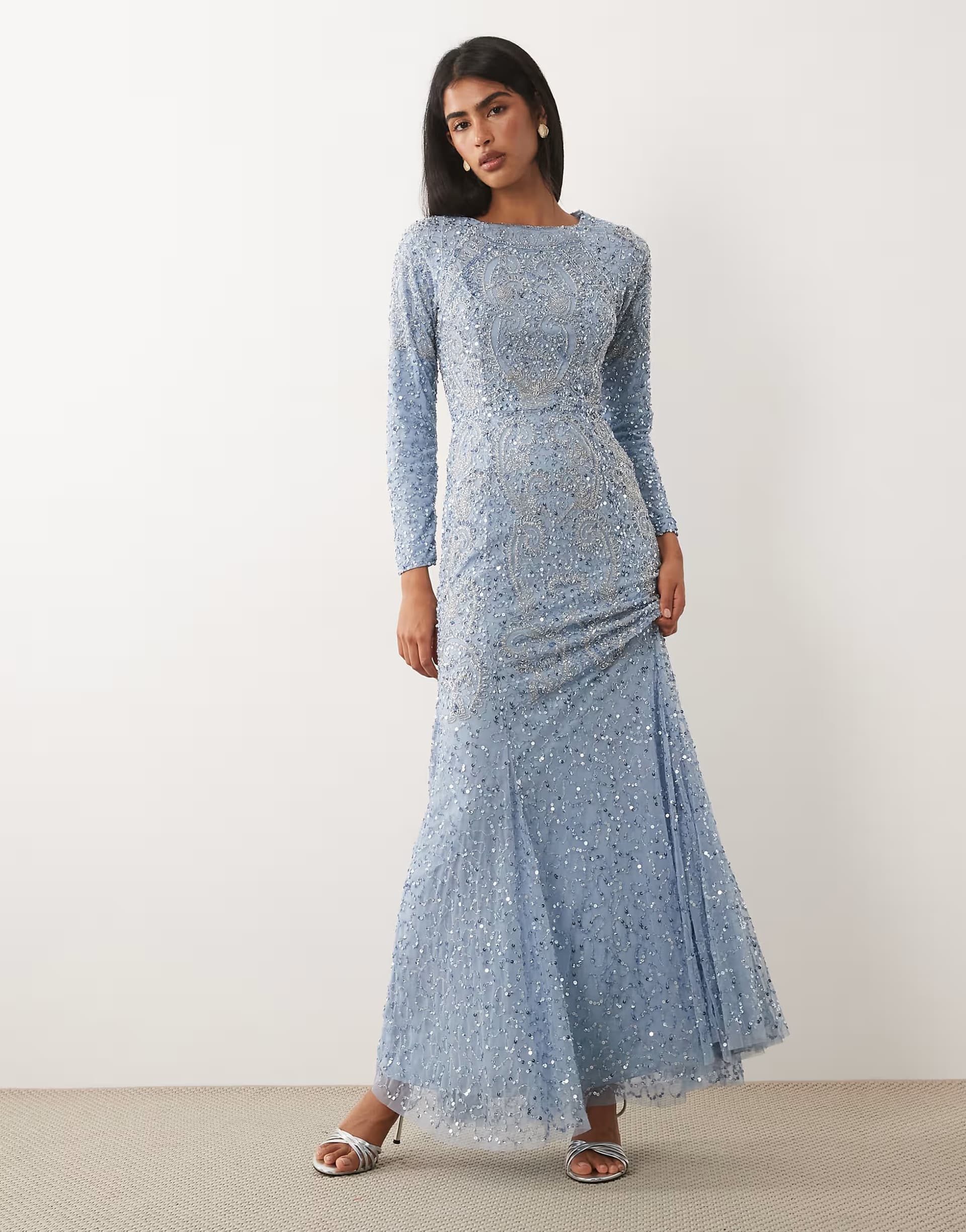 ASOS Beauut embellished long sleeve maxi dress in light blue