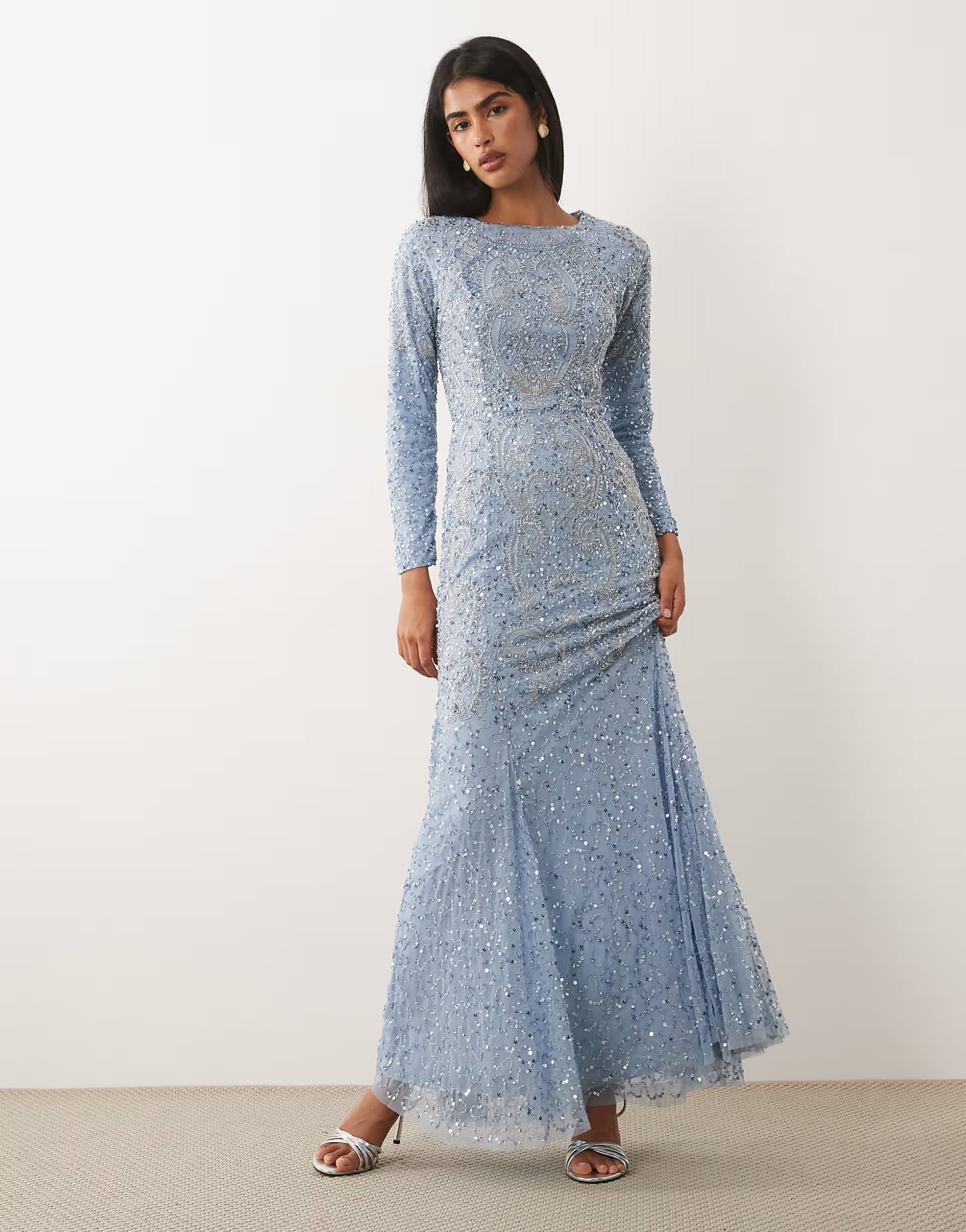Asos Beauut Embellished Light Blue Long Sleeve Maxi Dress