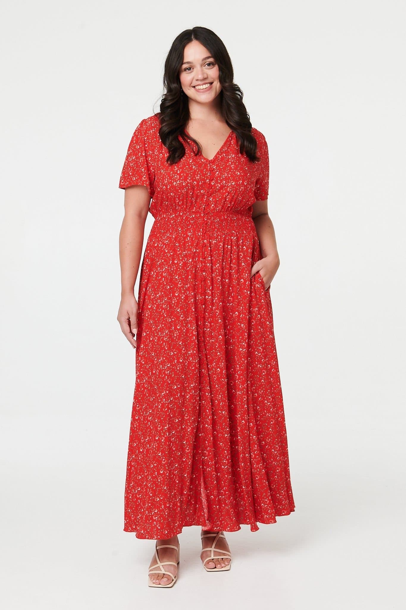 Izabel London Izabel London Women's Curve Ditsy Floral A-Line Maxi Dress in Red