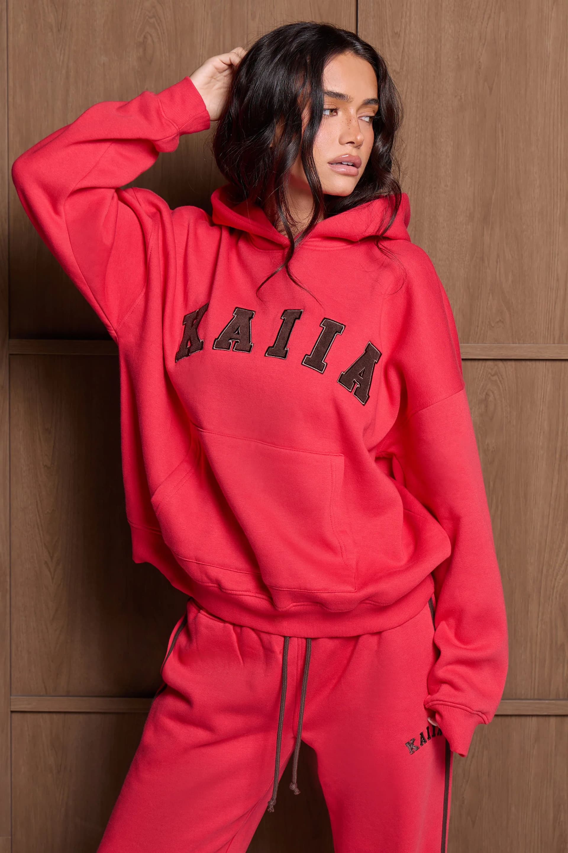 Kaiia Kaiia Slogan Oversized Hoodie Red & Brown