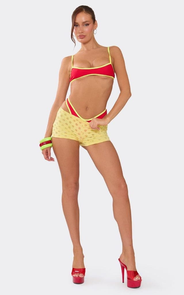 EGO Micro Mini Shorts In Lemon Texture, Women's Size UK 12 - 2