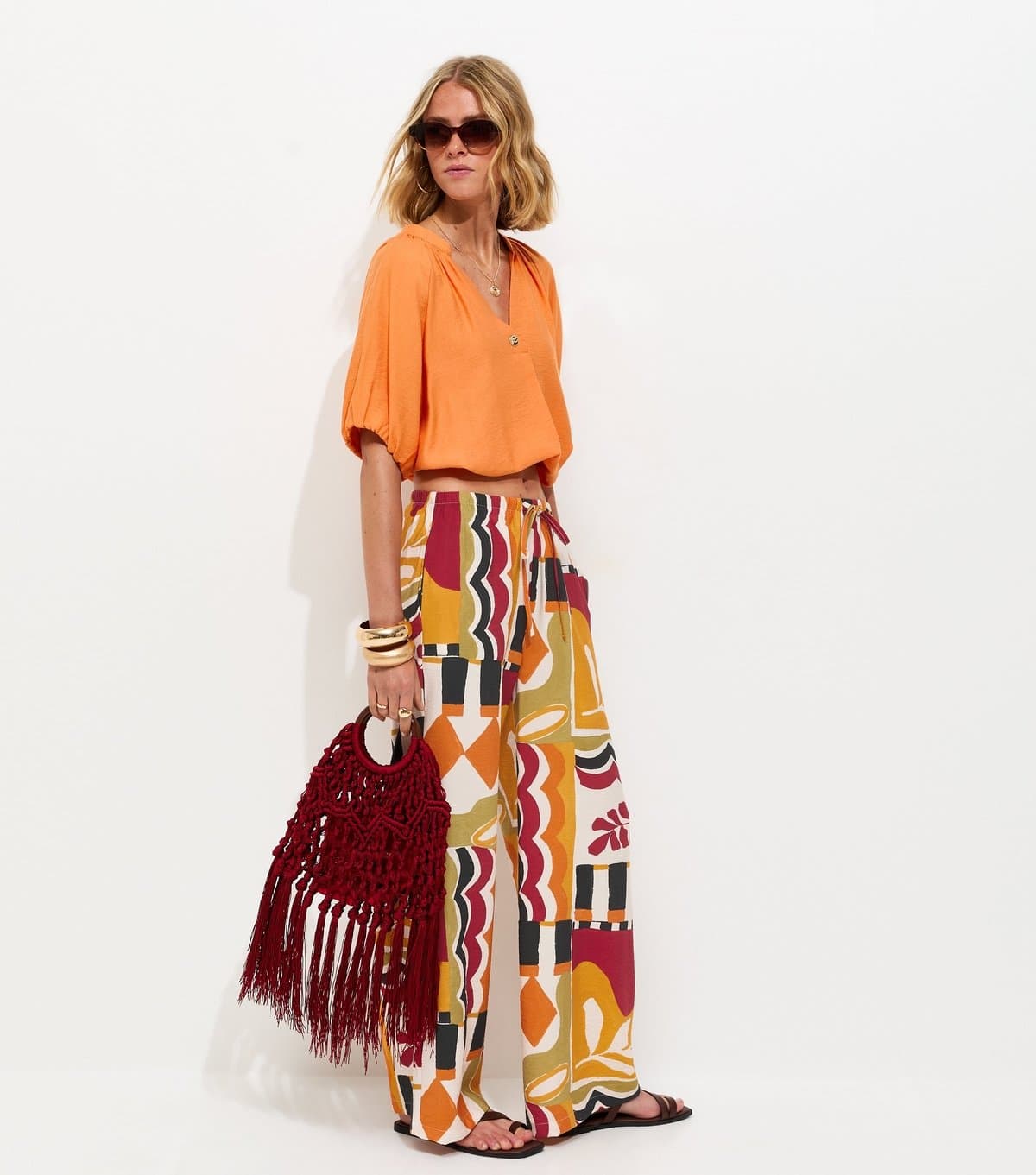 New Look Women's Orange Abstract Print Wide Leg Trousers New Look