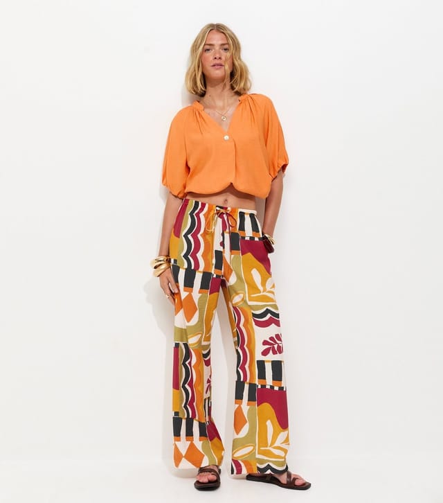New Look Women's Orange Abstract Print Wide Leg Trousers New Look - 3