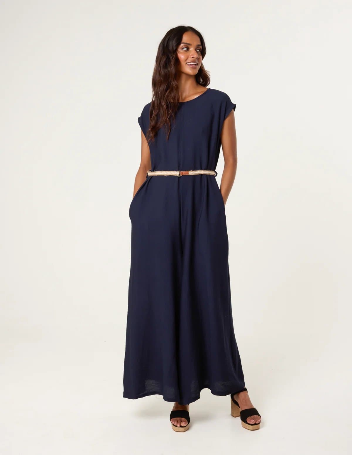 Blue Vanilla Plain Belted Jumpsuit