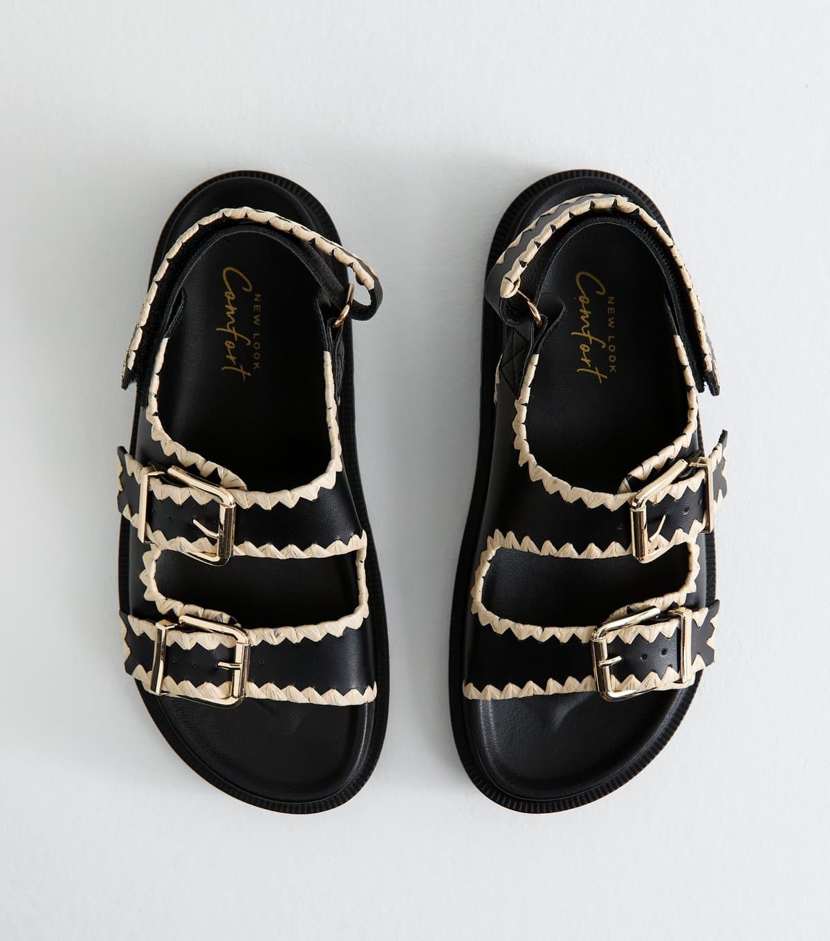 New Look Women's Black Whipstitched Faux Leather Sandals Vegan New Look