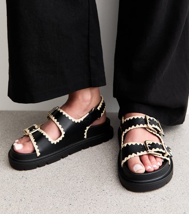 New Look Women's Black Whipstitched Faux Leather Sandals Vegan New Look - 2