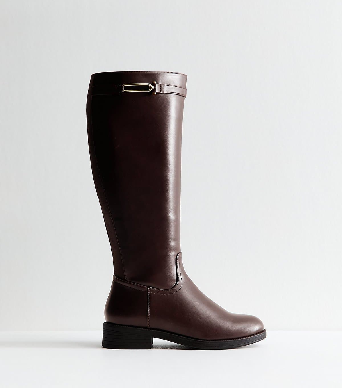 New Look Women's Wide Fit Brown Faux Leather Riding Look Knee High Boots Vegan New Look