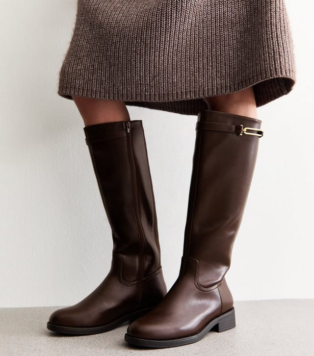 New Look Women's Wide Fit Brown Faux Leather Riding Look Knee High Boots Vegan New Look - 2