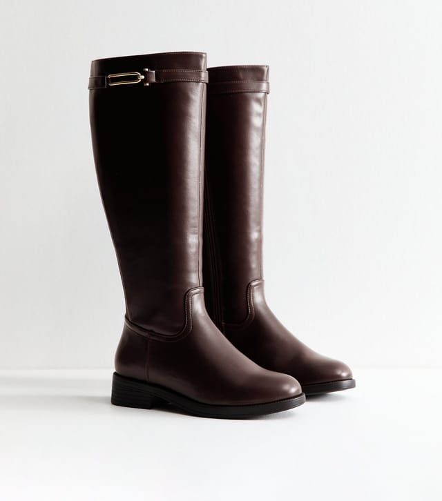 New Look Women's Wide Fit Brown Faux Leather Riding Look Knee High Boots Vegan New Look - 3