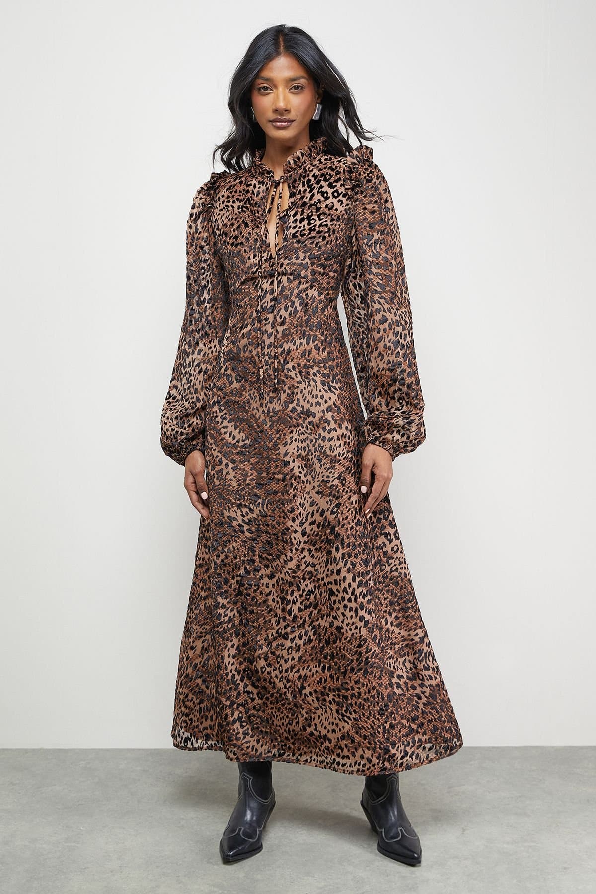 Warehouse Warehouse Women's Burnout Velvet Frill Shoulder Tie Front Midi Dress in Animal