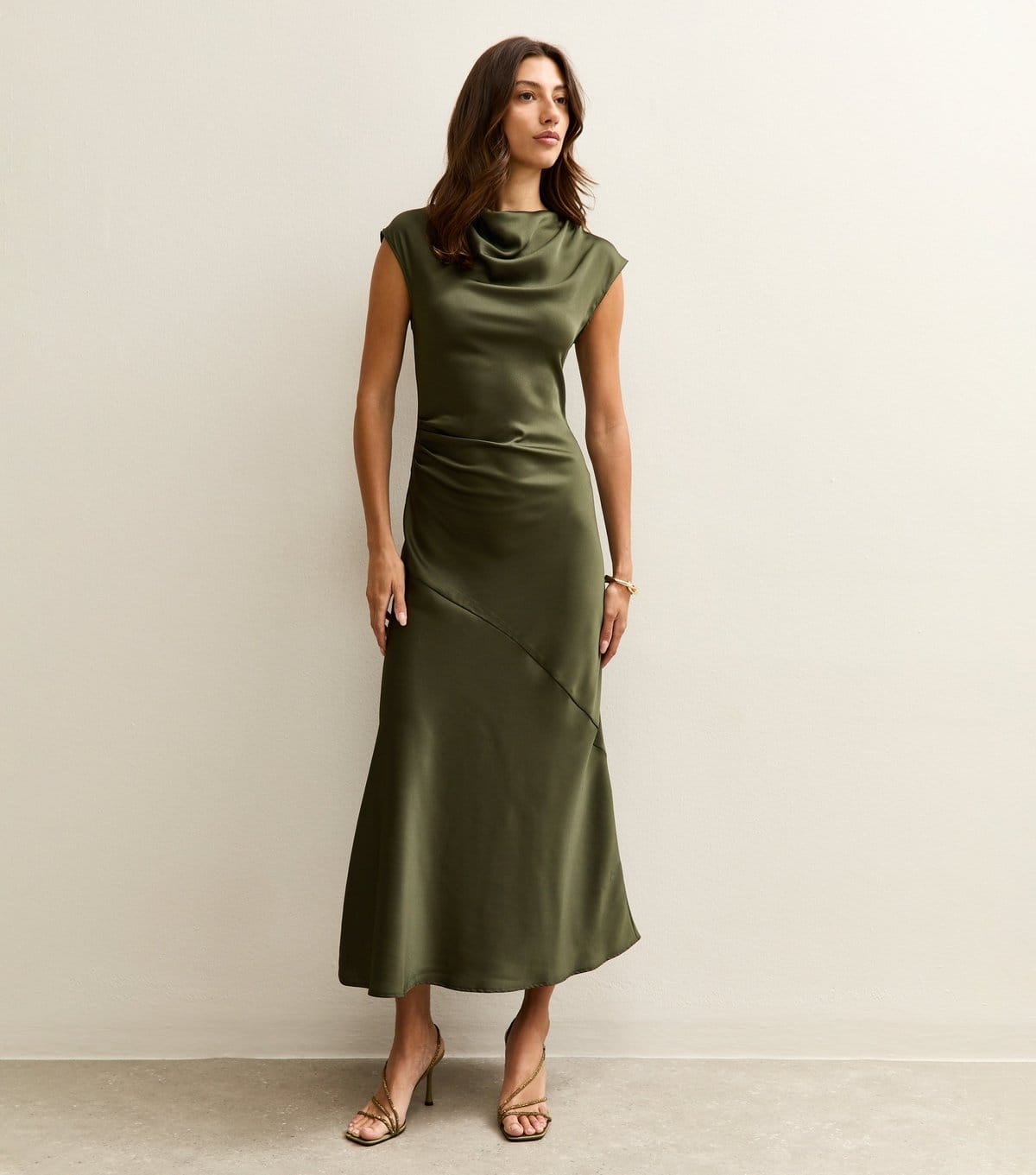 New Look Olive Satin Cowl Neck Midi Dress