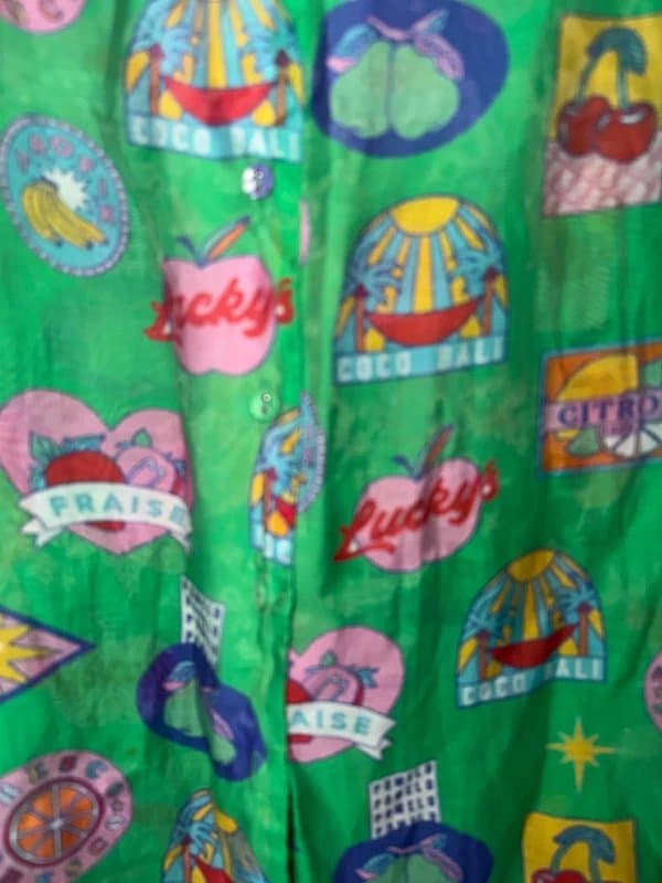 Never Fully Dressed NFD Green Fruit Sticker Sheer Oversized Shirt Size 12