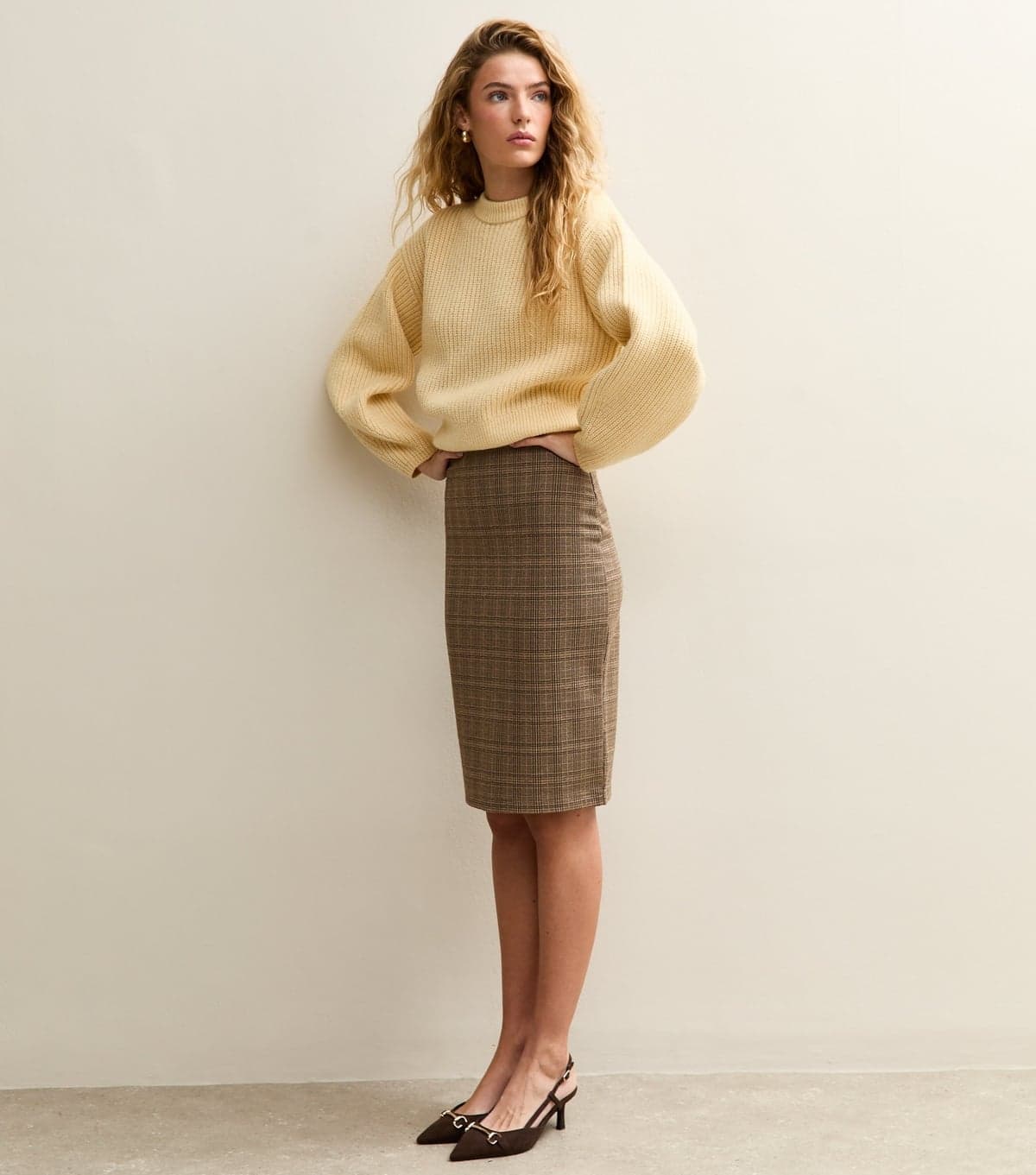 New Look Women's Brown Jacquard Check Pencil Skirt New Look