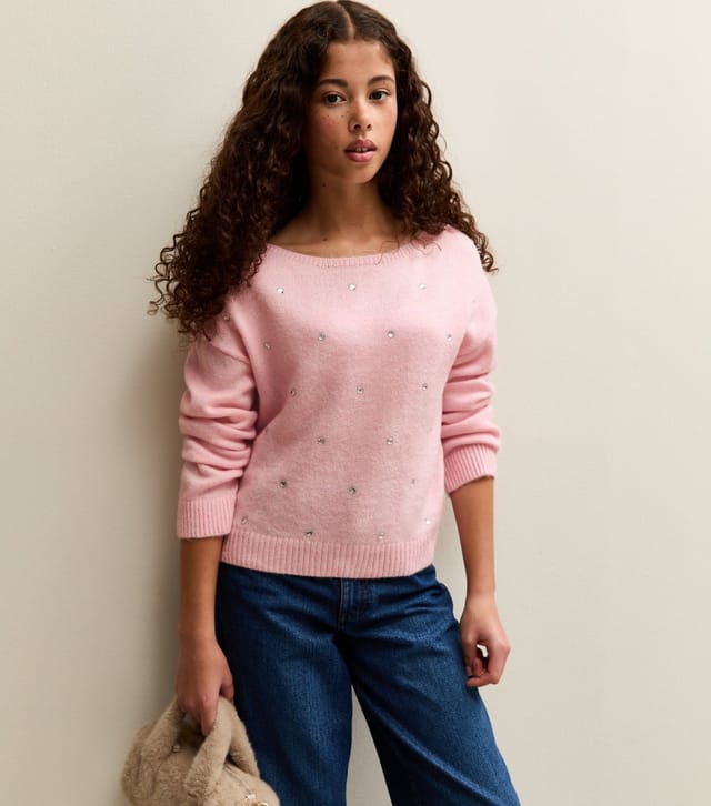 New Look Girls' Light Pink Diamante Slash Neck Jumper New Look - 2