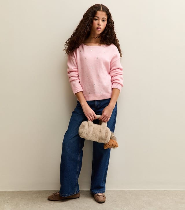 New Look Girls' Light Pink Diamante Slash Neck Jumper New Look - 3