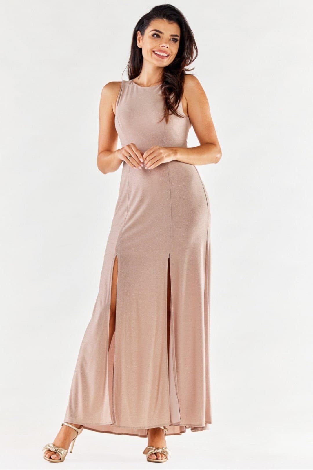 Love Lace Love Lace Women's Fitted Long Gown with Front Slits Poland in Beige