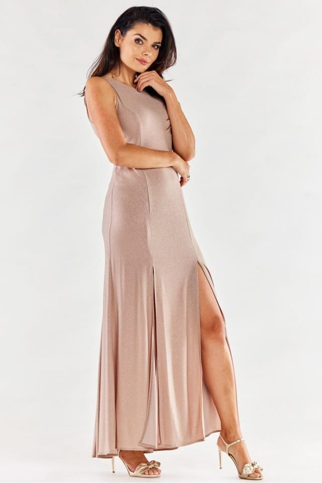 Love Lace Love Lace Women's Fitted Long Gown with Front Slits Poland in Beige - 2