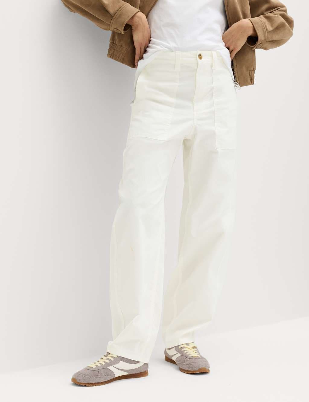 Marks & Spencer M&S Cotton Rich Barrel Leg Trousers in Soft White
