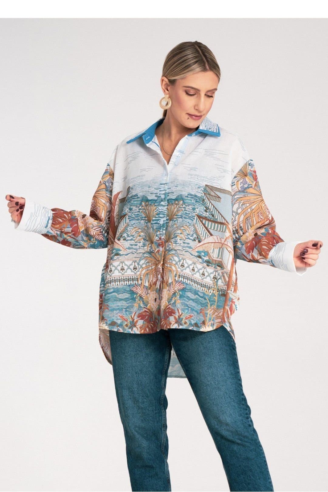 Love Lace Love Lace Blue Oversize Long Sleeve Printed Shirt