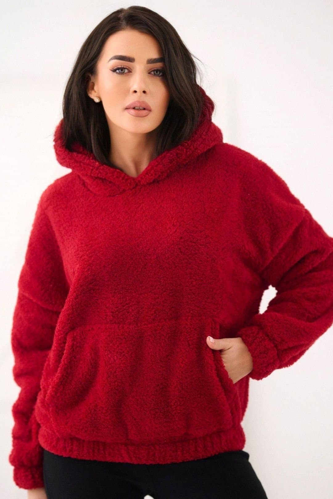 Love Lace Love Lace Women's Casual Teddy Bear Hooded Sweatshirt with Pocket in Red