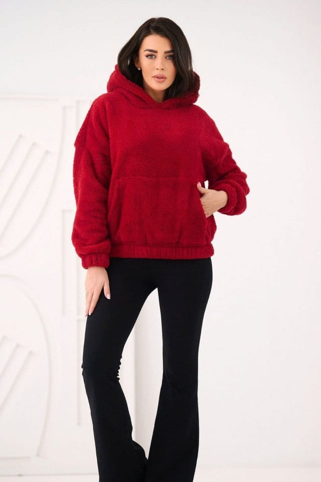 Love Lace Love Lace Women's Casual Teddy Bear Hooded Sweatshirt with Pocket in Red - 2