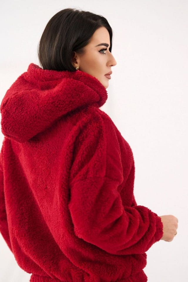 Love Lace Love Lace Women's Casual Teddy Bear Hooded Sweatshirt with Pocket in Red - 3