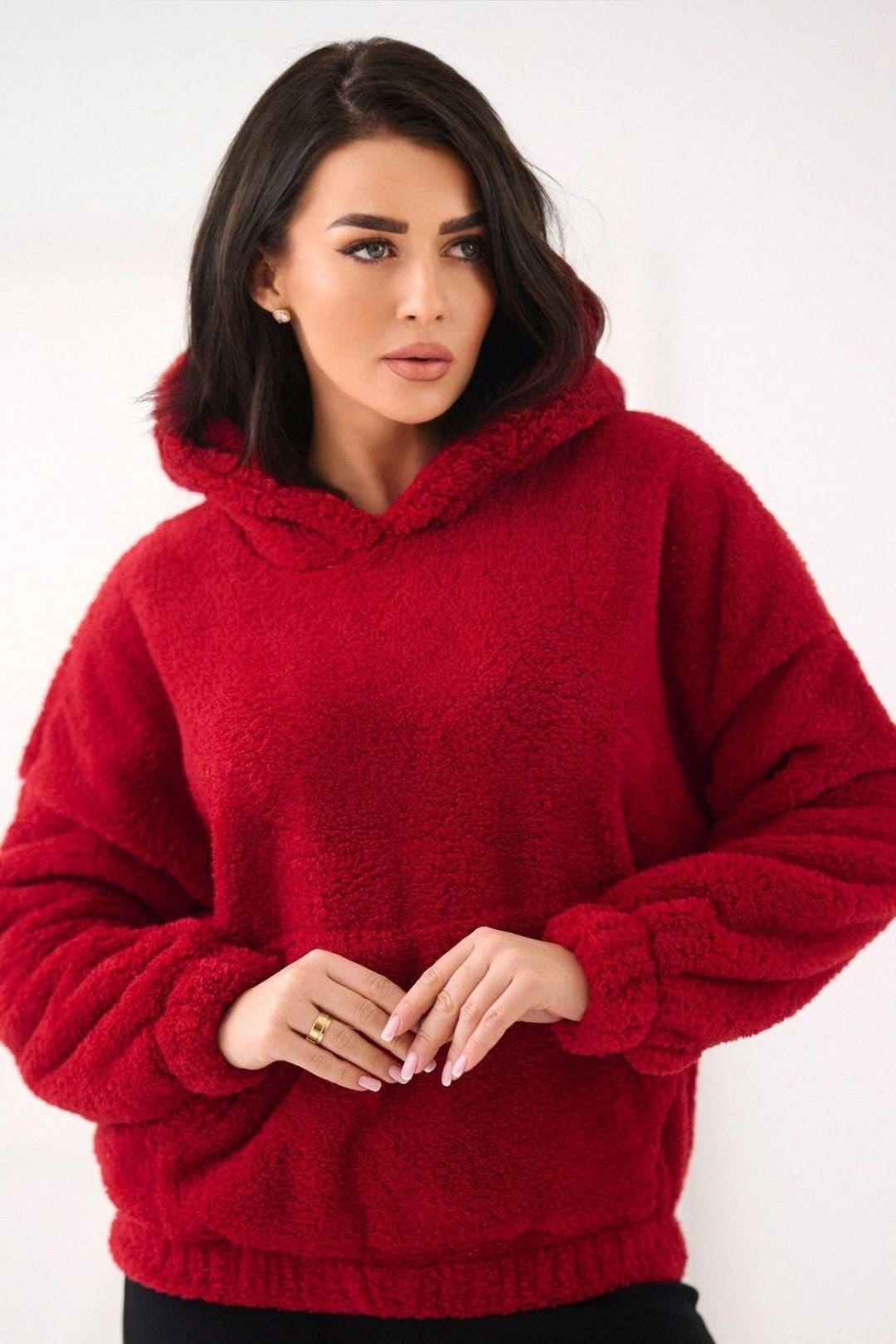 Love Lace Love Lace Women's Casual Teddy Bear Hooded Sweatshirt with Pocket in Red - 4