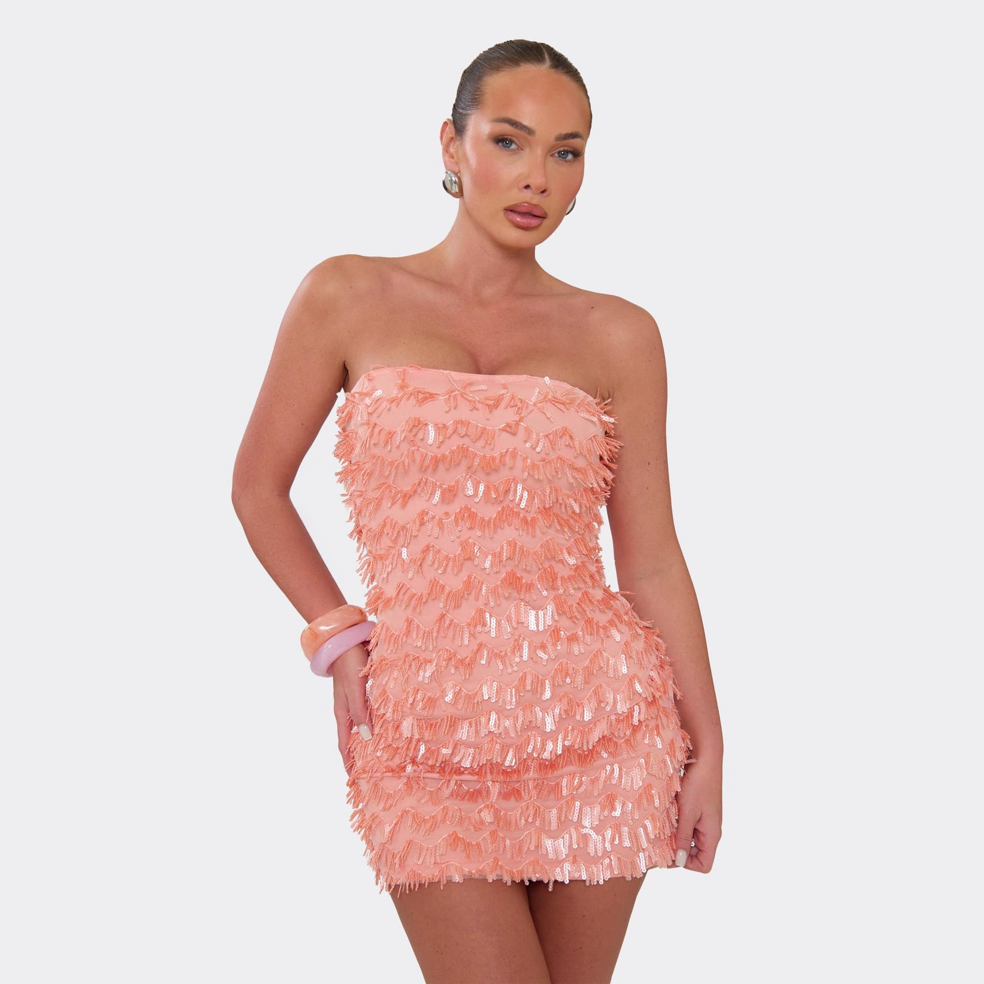 EGO Bandeau Sequin Tassel Mini Dress In Coral, Women's Size UK 6