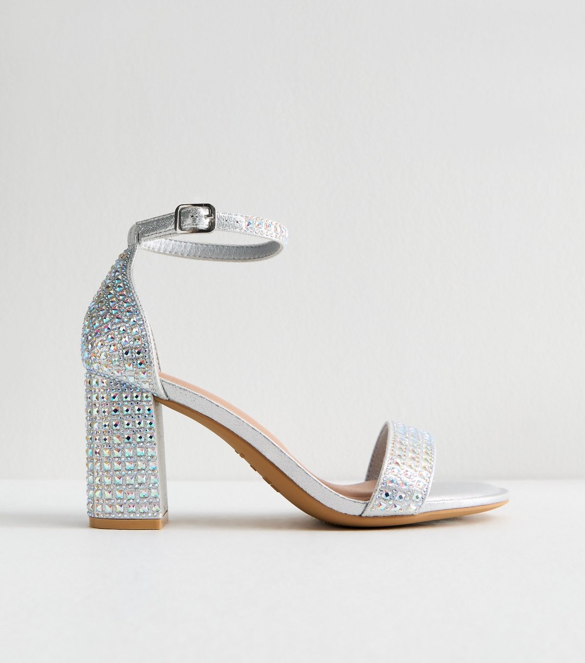 New Look Women's Wide Fit Silver Gem Embellished Block Heel Sandals Vegan New Look - 3