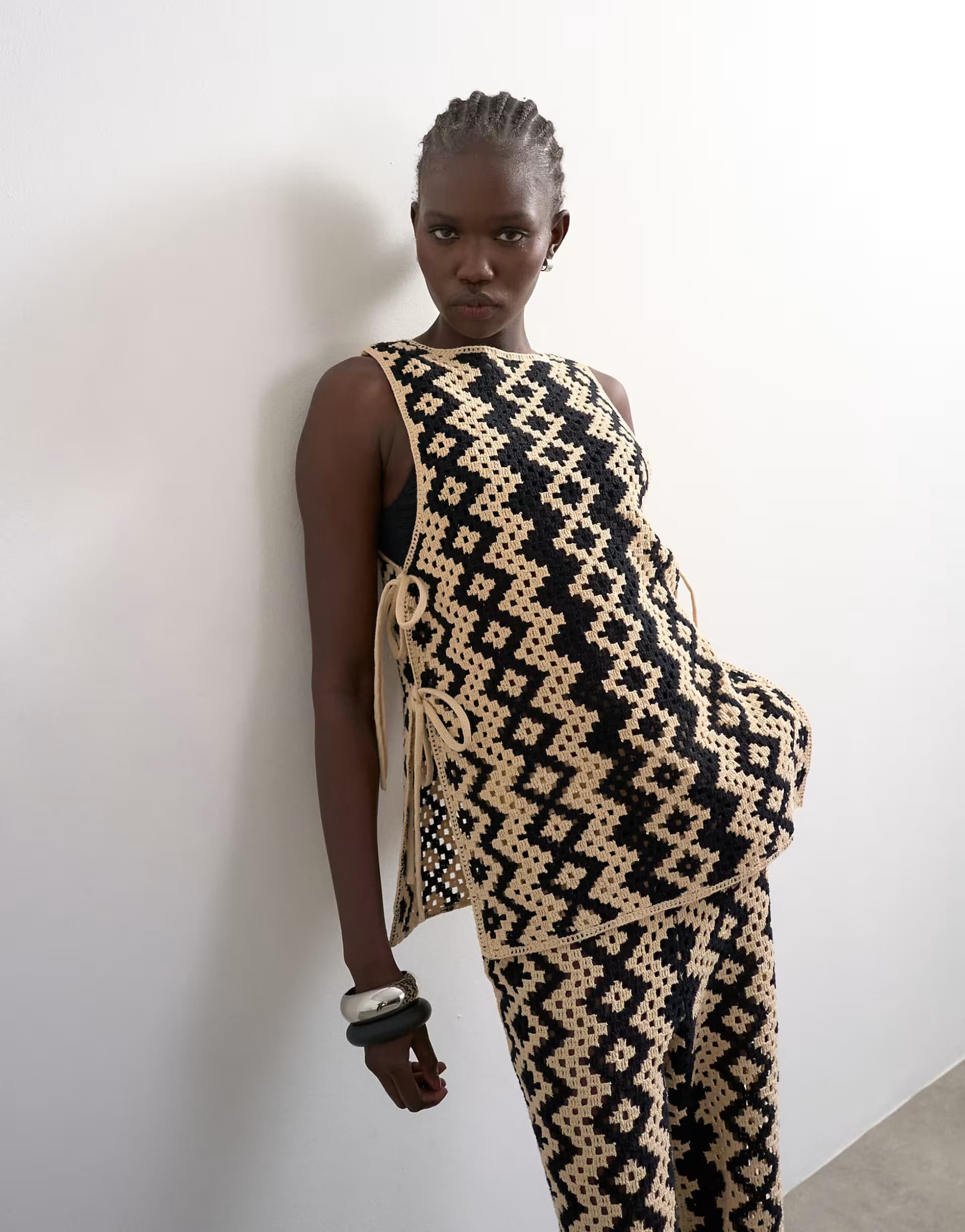 ASOS Topshop knitted patterned crochet co-ord shirt in black and beige