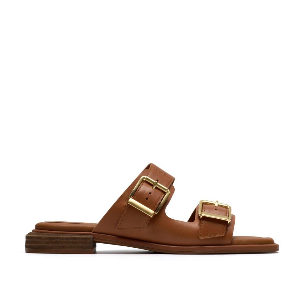 Clarks Clarks Women's Ariany Bay Tan Leather Flat Sandals, Sliders in Brown - 3