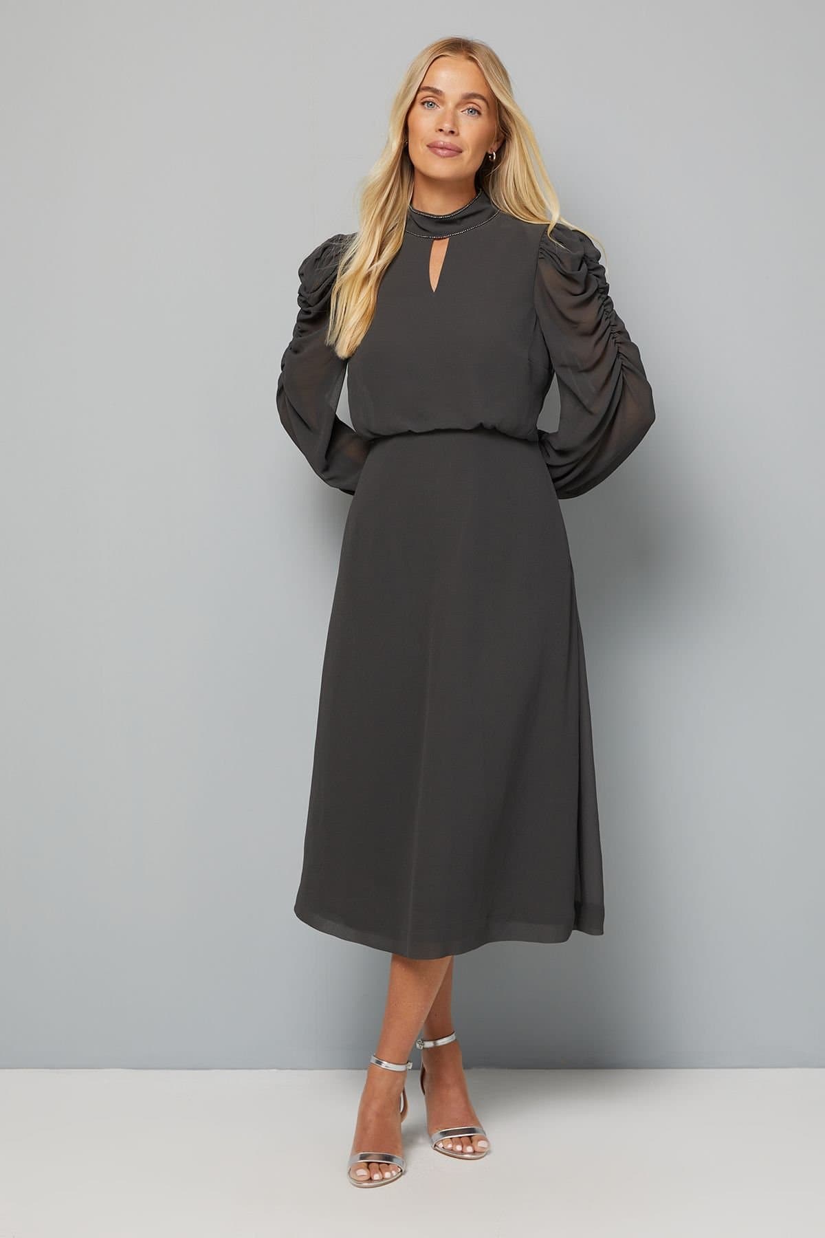 Wallis Wallis Women's Petite Embellished Ruched Sleeve Midi Dress in Charcoal